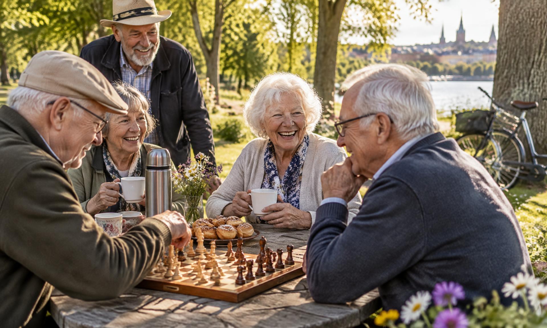 Äldre personer umgås vid ett picnicbord i parken — schack, kaffe och skratt i solskenet.